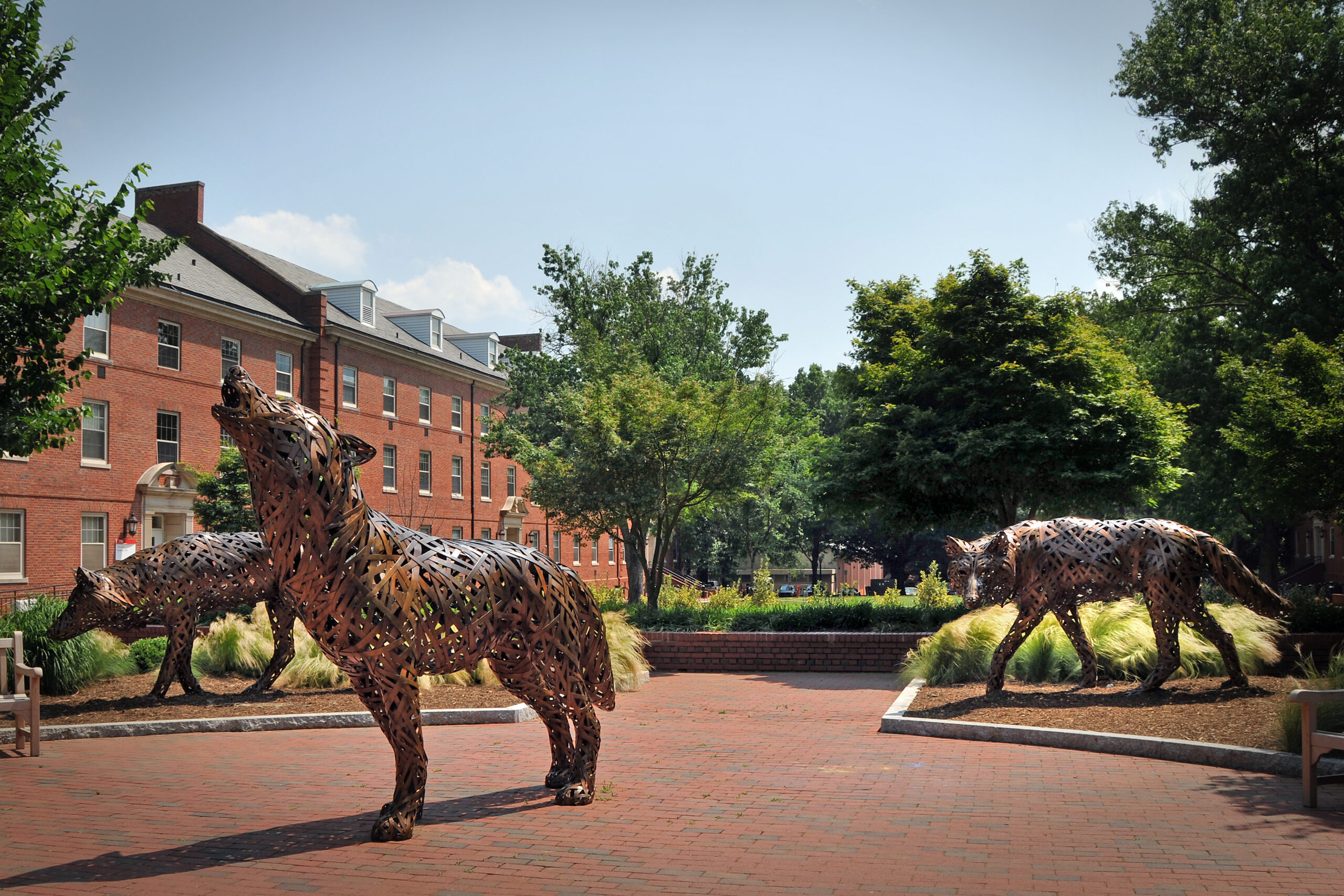 Copper wolf statues at Wolf Plaza